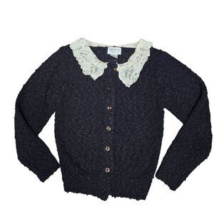 Vintage Crystal Sportswear Ltd Black Cardigan With Lace Collar Size S